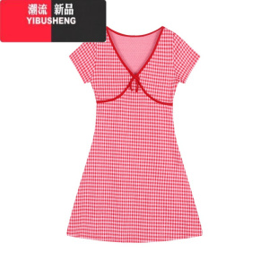 YIBUSHENG红色格子V领短袖连衣裙女装季蝴蝶结收腰A字裙显瘦短裙