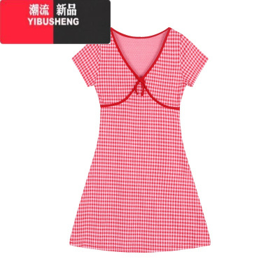 YIBUSHENG红色格子V领短袖连衣裙女装季蝴蝶结收腰A字裙显瘦短裙