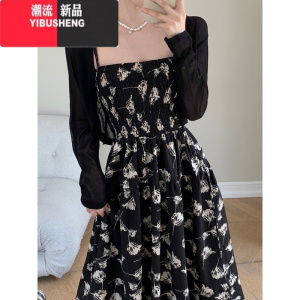 YIBUSHENG大码法式复古收腰遮肚吊带连衣裙胖mm黑色防晒开衫碎花裙子两件套