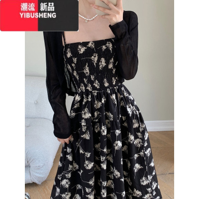 YIBUSHENG大码法式复古收腰遮肚吊带连衣裙胖mm黑色防晒开衫碎花裙子两件套