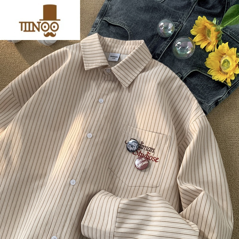 YANXU条纹衬衫男秋季日系复古宽松百搭长袖衬衣潮流百搭青少年休闲外套