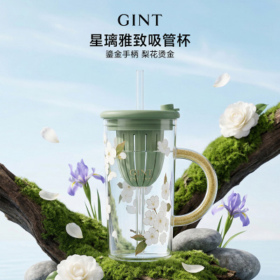 嘉特GiNT大容量玻璃吸管杯夏日果汁杯加厚高硼硅带把手绝美水杯680ml GTB-5507-068
