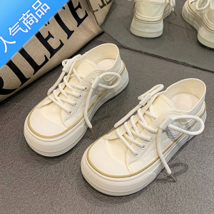 SUNTEK奶呼呼丑萌宽头厚底帆布鞋女2023新款小众原创芒果头配裙子小白鞋