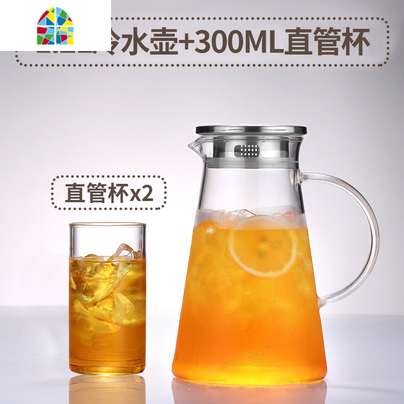 家用冷水壶耐热高温玻璃凉水壶晾凉白开水杯大容量泡茶壶扎壶套装 FENGHOU 2L三角壶+2直管杯