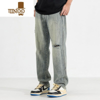 YANXU美式复古水洗做旧破洞牛仔裤男夏季新款美式潮流宽松直筒长裤子