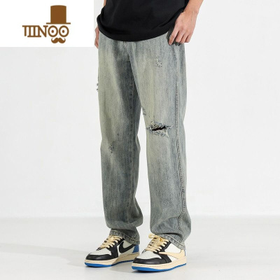 YANXU美式复古水洗做旧破洞牛仔裤男夏季新款美式潮流宽松直筒长裤子