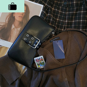 复古腋下包2020早春新款时尚皮扣设计法棍包小包小红书ins超火包NEW LAKE 黑色女士单肩包 黑色