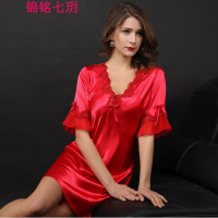 锦铭七玥性感睡衣仿真丝女士睡衣居V领中袖夏季睡裙