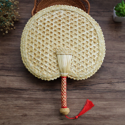 手工编织扇子老式大蒲扇夏季芭蕉麦秸编儿童随身古典中国风三维工匠蕾丝布边圆扇