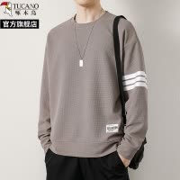 啄木鸟2025春华夫格圆领长袖卫衣男士秋季新款无帽t恤打底衫上衣