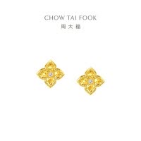 周大福爆闪璀璨爱心碎金四叶草黄金镶钻耳饰ERU65礼物