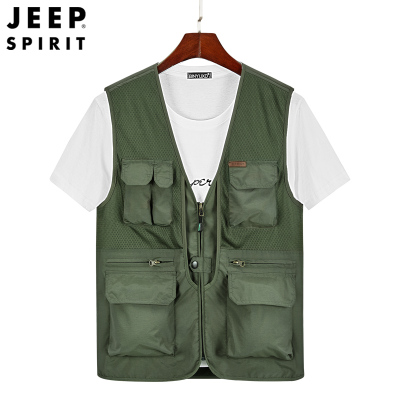 JEEPSPIRIT吉普马夹男V领背心中年休闲摄影钓鱼多口袋坎肩大码立领四季开衫马甲