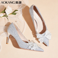 奥康女鞋法式婚鞋女婚纱新娘鞋尖头高跟鞋蝴蝶结伴娘水晶鞋