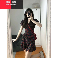 YIBUSHENG法式黑色碎花v领连衣裙女高级感小众设计收腰显瘦泡泡袖短裙子