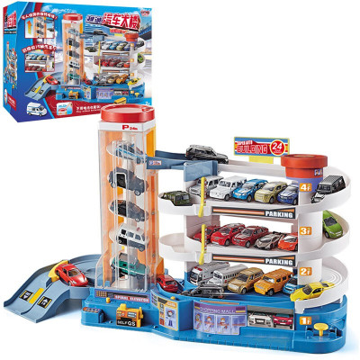 越诚汽车大楼电动小火车套装轨道儿童停车场女孩玩具汽车闯关大冒险宝宝大型多层升降车库男孩中号声光汽车大楼（4车）