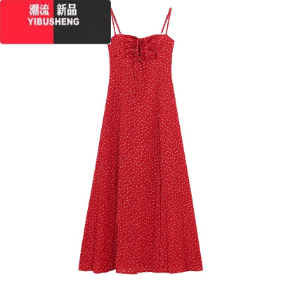 YIBUSHENG红色碎花吊带连衣裙女季海边度假镂空系带气质收腰显瘦A字长裙