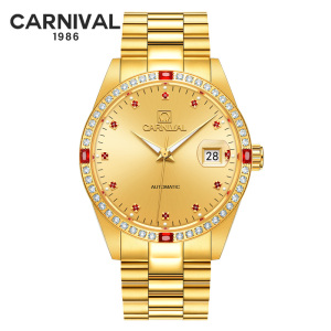 瑞士嘉年华Carnival正品手表男士全自动机械表 男表金色金属精钢夜光大日历放大镜休闲时尚防水商务腕表8003G金色表