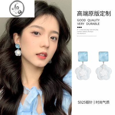 JiMi夏日山茶花朵蚊香盘耳夹无耳洞女清新耳饰蓝色耳环高级感海边耳钉