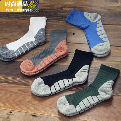 YUNWUXIN毛巾底运动袜男士中筒袜秋季加厚中邦潮流实战篮球袜低帮棉袜子袜子5双每色一双均码
