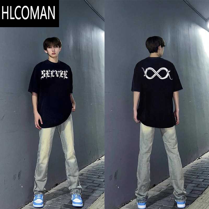 HLCOMAN美式嘻哈高街痞帅短袖t恤男夏季潮牌宽松半截袖体恤