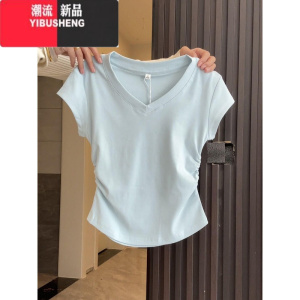 YIBUSHENG奶蓝色V领少女感正肩T恤季2024卡腰褶皱显瘦上衣女小众辣妹短袖