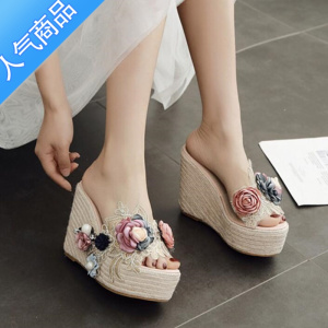 SUNTEK新品麻绳编织松糕厚底凉鞋花朵珍珠透明防水台女鞋坡跟高跟拖鞋夏