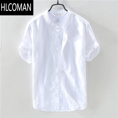 HLCOMAN亚麻短袖衬衫男立领宽松复古薄透气百搭寸衣深蓝棉麻简约日系休闲