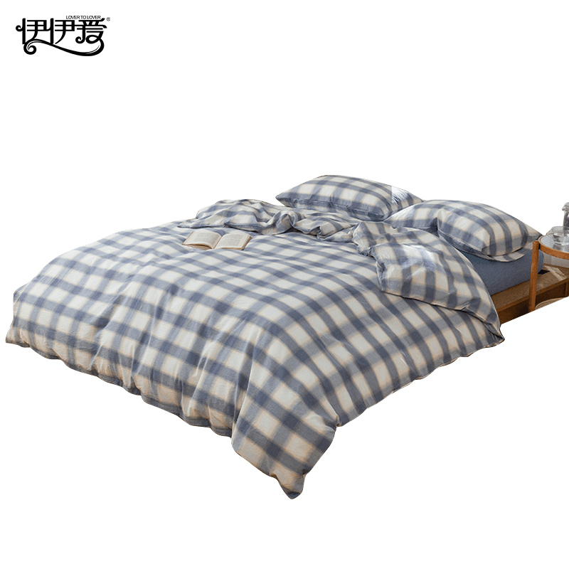 伊伊爱 全棉水洗棉经典格子渐变粉格三件套