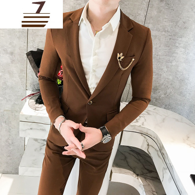 NEWLAKE2019秋季新款修身弹力型师休闲纯色西服套装潮男士小码免烫西装