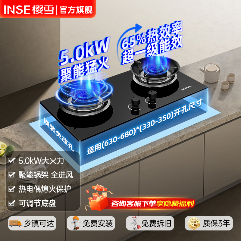 樱雪/INSE燃气灶JZY-Q2520(B)W煤气灶液化气灶聚能猛火双灶台式家用厨房嵌入钢化玻璃液化气