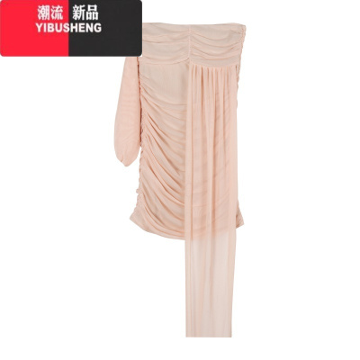 YIBUSHENG杏色褶皱连衣裙女季纯欲辣妹露肩裙子收腰修身气质性感包臀短裙