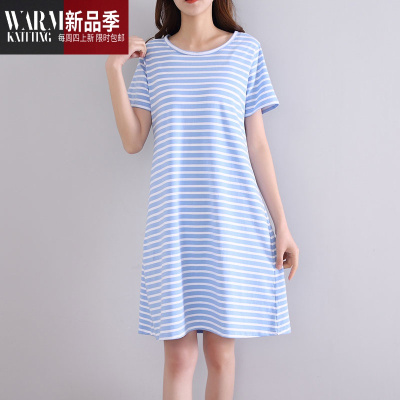 棉莫代尔女短袖睡裙带胸垫罩杯一体免穿文胸条纹睡衣宽松家居服SHANCHAO