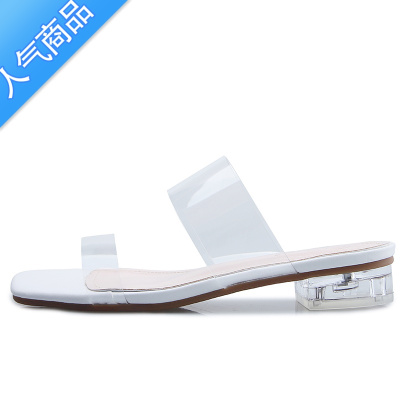 SUNTEK透明凉鞋女2023夏季新款性感外穿粗跟一字带凉拖中跟时装水晶拖鞋