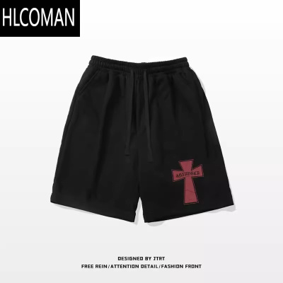 HLCOMANvintage美式街头十字架印花短裤男夏季潮牌宽松休闲运动五分裤子