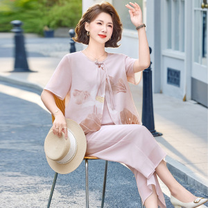 2026年女装新款夏季妈妈装时尚短袖雪纺两件套夏款中老年女士套装