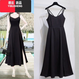 YIBUSHENG2024大码女装胖妹妹季裙子女性感开叉中长款韩版时尚吊带连衣裙