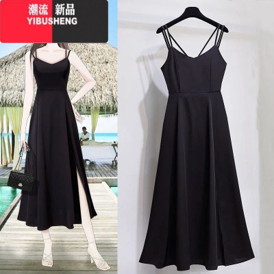 YIBUSHENG2024大码女装胖妹妹季裙子女性感开叉中长款韩版时尚吊带连衣裙