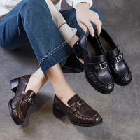 复古风乐福鞋女2026春季新款褶皱粗跟英伦风小皮鞋羊皮中跟单鞋子