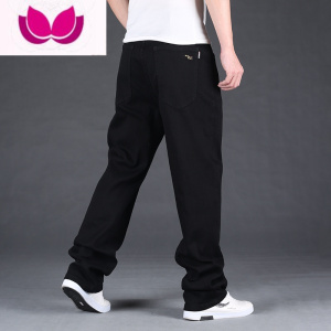 七斓纯黑色牛仔裤男肥佬胖子大直筒阔腿宽松高腰弹力大码干活工作耐磨