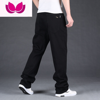 七斓纯黑色牛仔裤男肥佬胖子大直筒阔腿宽松高腰弹力大码干活工作耐磨
