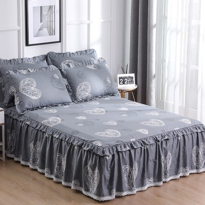 美帮汇全棉床罩床套防滑床裙式单件全棉保护防尘米床单1三件套花边公主 简爱灰 180x200[床裙+2个枕套]
