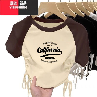 YIBUSHENG正肩美式抽绳T恤短袖复古季2024新款修身辣妹设计感短款上衣女