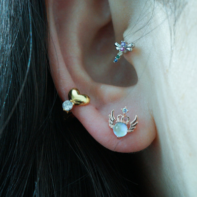 韩国直送精致耳钉小蜻蜓 爱心耳扣天使皇冠 耳骨钉耳蜗钉旋转拧堵送女朋友老婆情人节七夕生日礼物