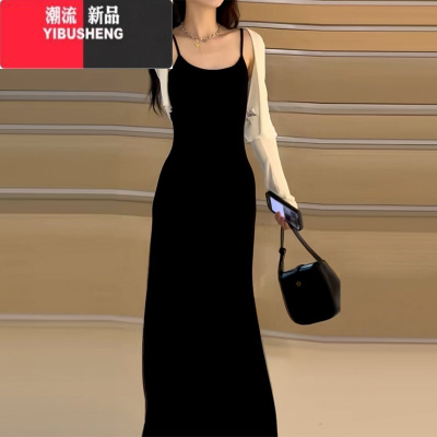 YIBUSHENG茶歇法式气质赫本风修身收腰显瘦吊带连衣裙子女2024小黑裙长裙