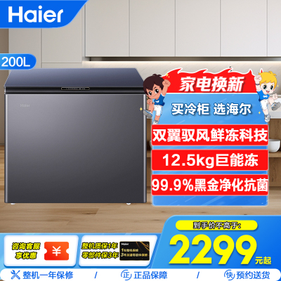 海尔(Haier)200升家用卧式冰柜冷柜小冰箱 双翼驭风鲜冻科技 黑金净化抗菌 BC/BD-200WGHEB1
