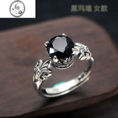 JiMiS925银银戒指 皇冠黑玛瑙钻复古 霸气男女情侣大钻中指食指活口