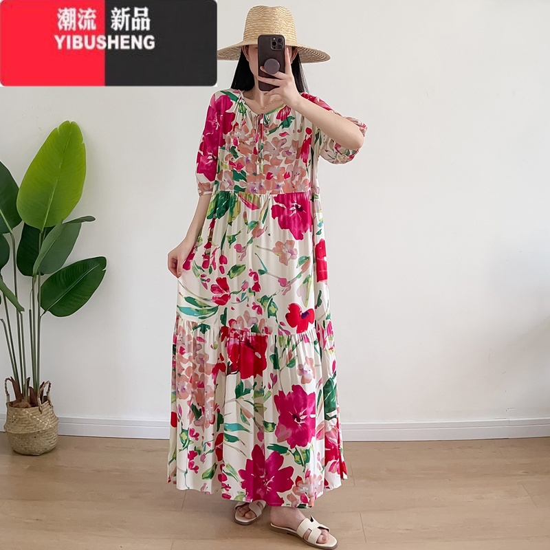 YIBUSHENG季女士棉绸连衣裙宽松大码显瘦遮肉人造棉大摆裙短袖防晒沙滩裙