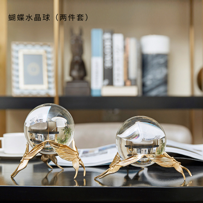 酒柜里的摆饰轻奢水晶球摆件样板房客厅家居办公室电视柜酒柜软装饰品蝴蝶水晶球矮款+高款-