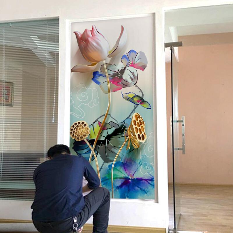 水墨荷花玄关背景墙纸走廊过道(拼接)3d浮雕闪金纹墙纸 胶水壹德壹