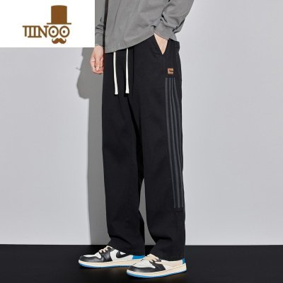 YANXU休闲裤男士2023春季新款潮牌垂感条纹宽松直筒阔腿运动长裤子夏季